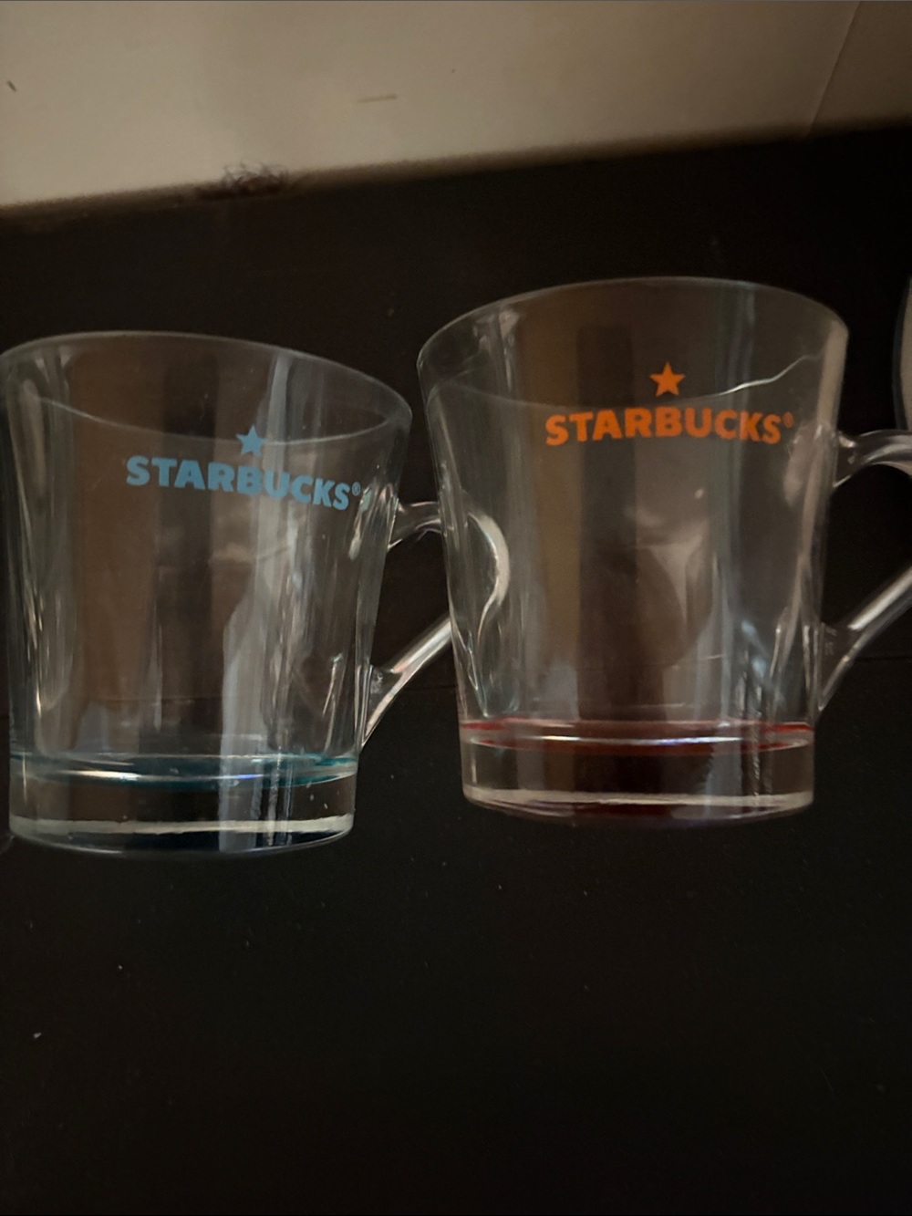 Starbucks Clear Glass Mugs with Blue and Orange Logos